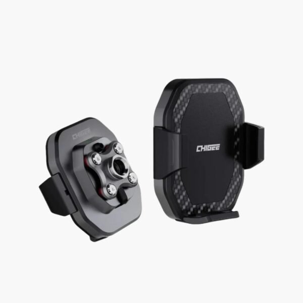 Chigee CG2 wireless charger phone holder mounted in a car, holding a smartphone with glowing charging indicator.