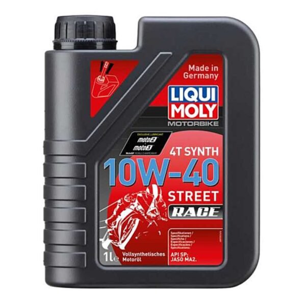 Bottle of LIQUI MOLY 10W-50 Street Race motorbike oil with racing graphics, designed for high-performance motorcycles.
