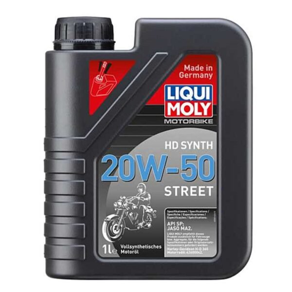 Bottle of LIQUI MOLY Motorbike HD Synth 20W-50 Street Engine Oil placed beside a sport motorcycle with a scenic mountain backdrop