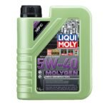 Bottle of Molygen New Generation 5W-40 synthetic engine oil, known for its fluorescent green formula and superior friction-reducing properties.