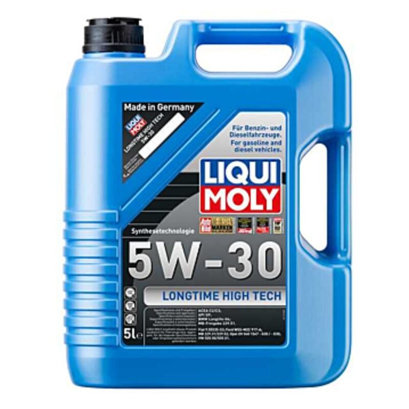 Image of LIQUI MOLY Longtime High Tech 5W-30 fully synthetic motor oil bottle placed next to engine components