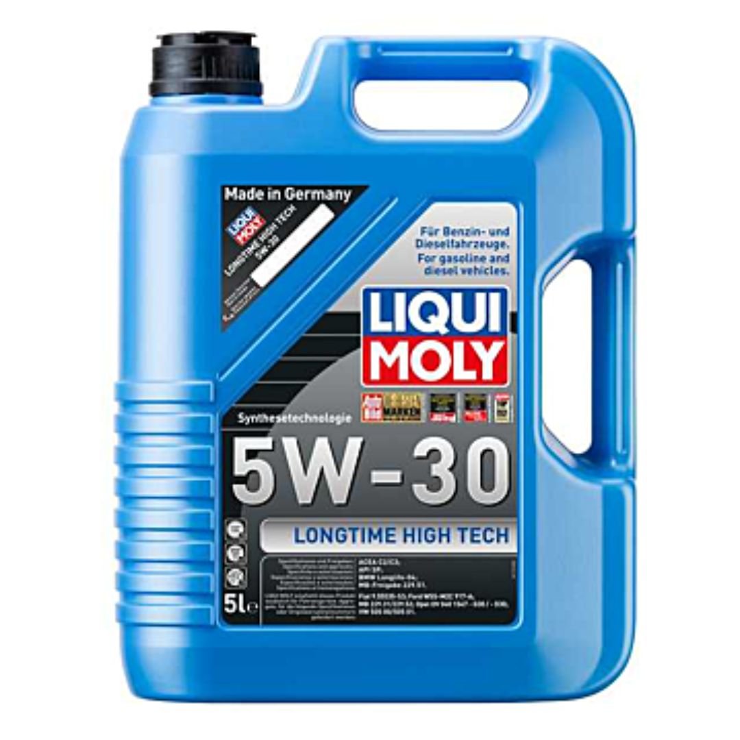 Image of LIQUI MOLY Longtime High Tech 5W-30 fully synthetic motor oil bottle placed next to engine components