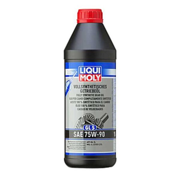Bottle of Liqui Moly Fully Synthetic Gear Oil GL5 75W-90 with bold blue and red labeling, standing on a garage floor next to a gear assembly.